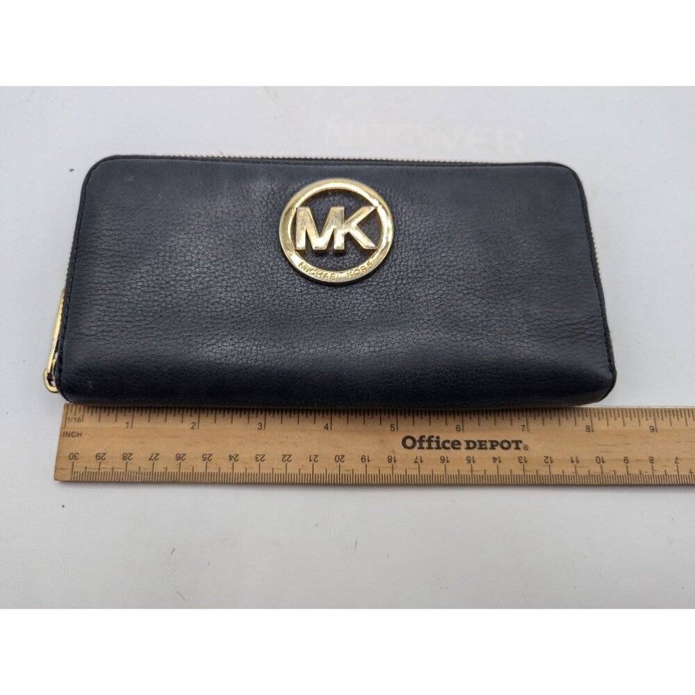 Michael Kors Black Pebbled Leather Zip-Around Wallet With Gold MK Logo & Multipl - Picture 6 of 11